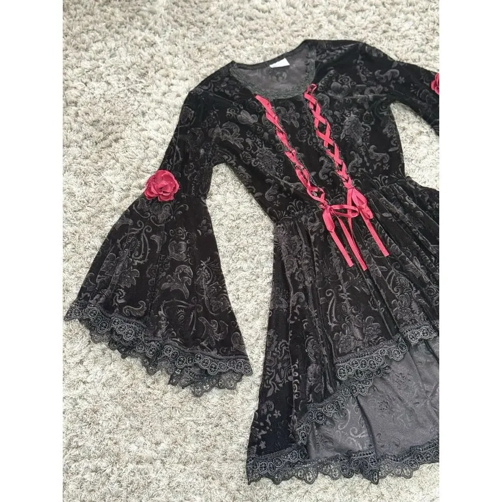 Gothic Velvet Lace Bell Sleeve Dress Girls S Black Witchy Renaissance Costume